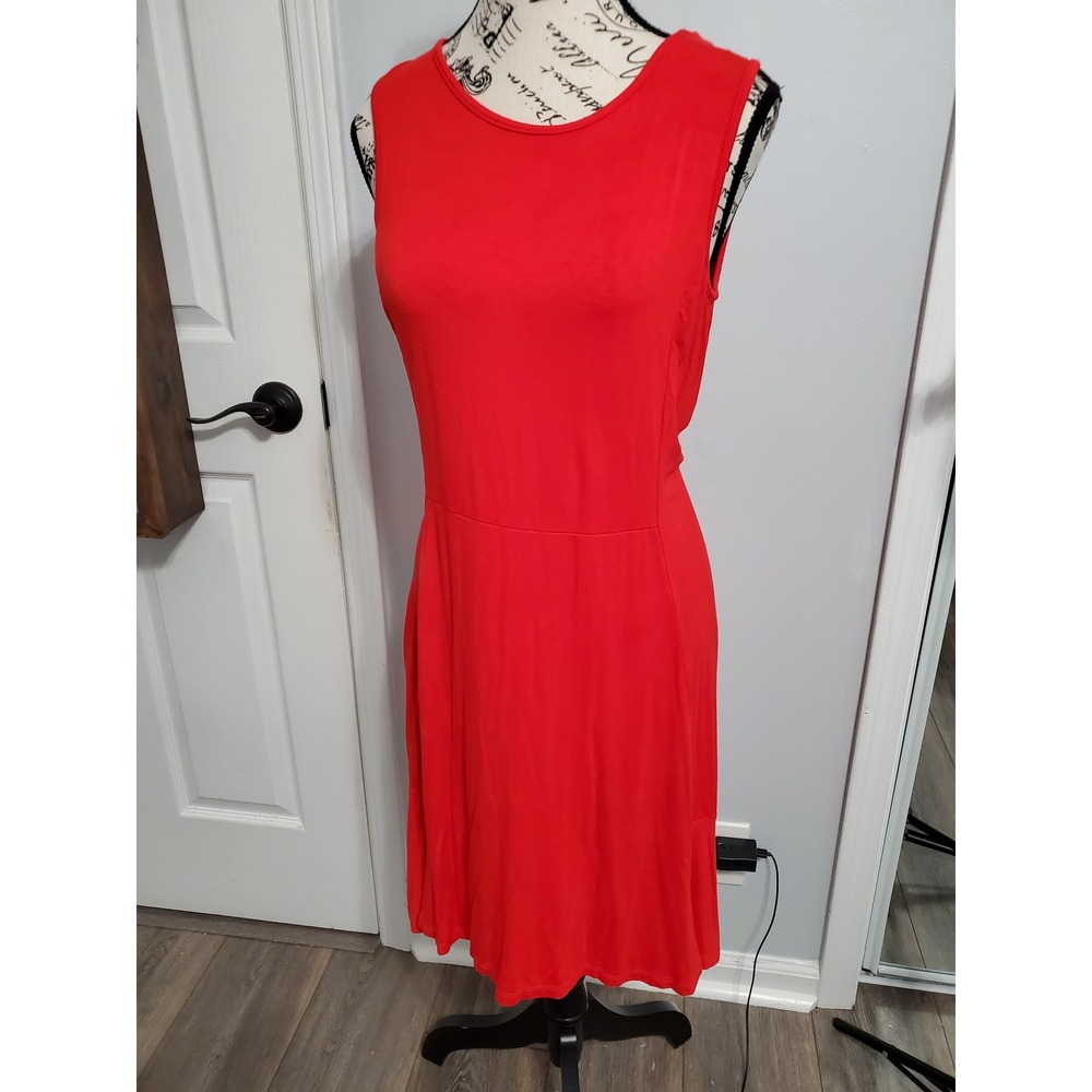Calvin Klein Womens Red Sleeveless Fit and Flare Midi Dress Round Neck